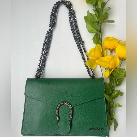 MARINA GALATI Handbags - Emerald Green Structured Shoulder Bag with Chain Strap